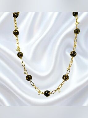Black and gold leaf bead necklace with white pearls and gold link chain New